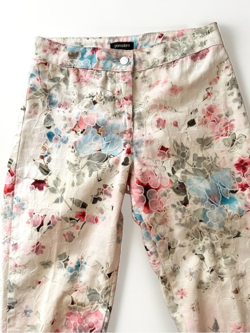 Womens Cream Floral Print Trouser Pants Size 4 High Rise Skinny Pastel Cotton
